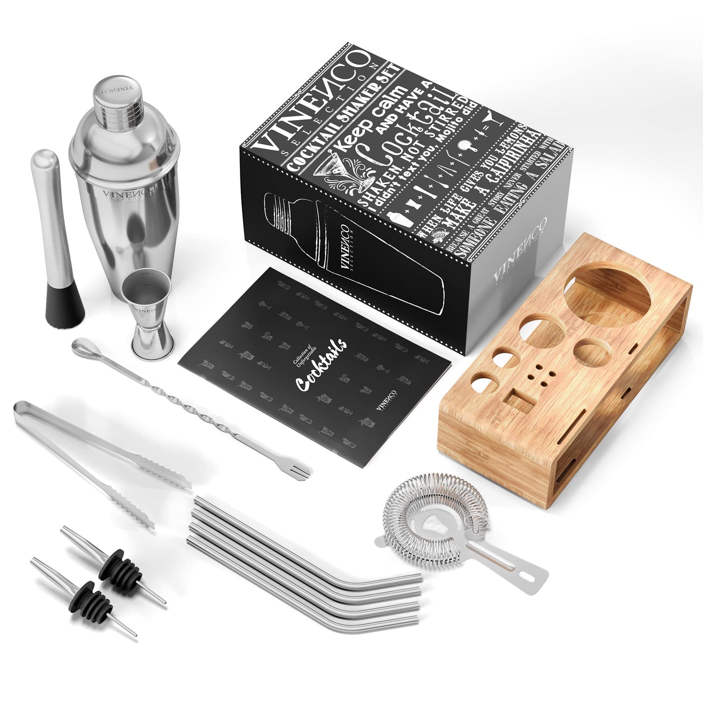 Cocktail shaker set with stand & recipe book: Premium stainless steel bar cocktail set cocktail shaker jigger straws bar spoon muddler | Bartender bar set cocktail accessories gift women men