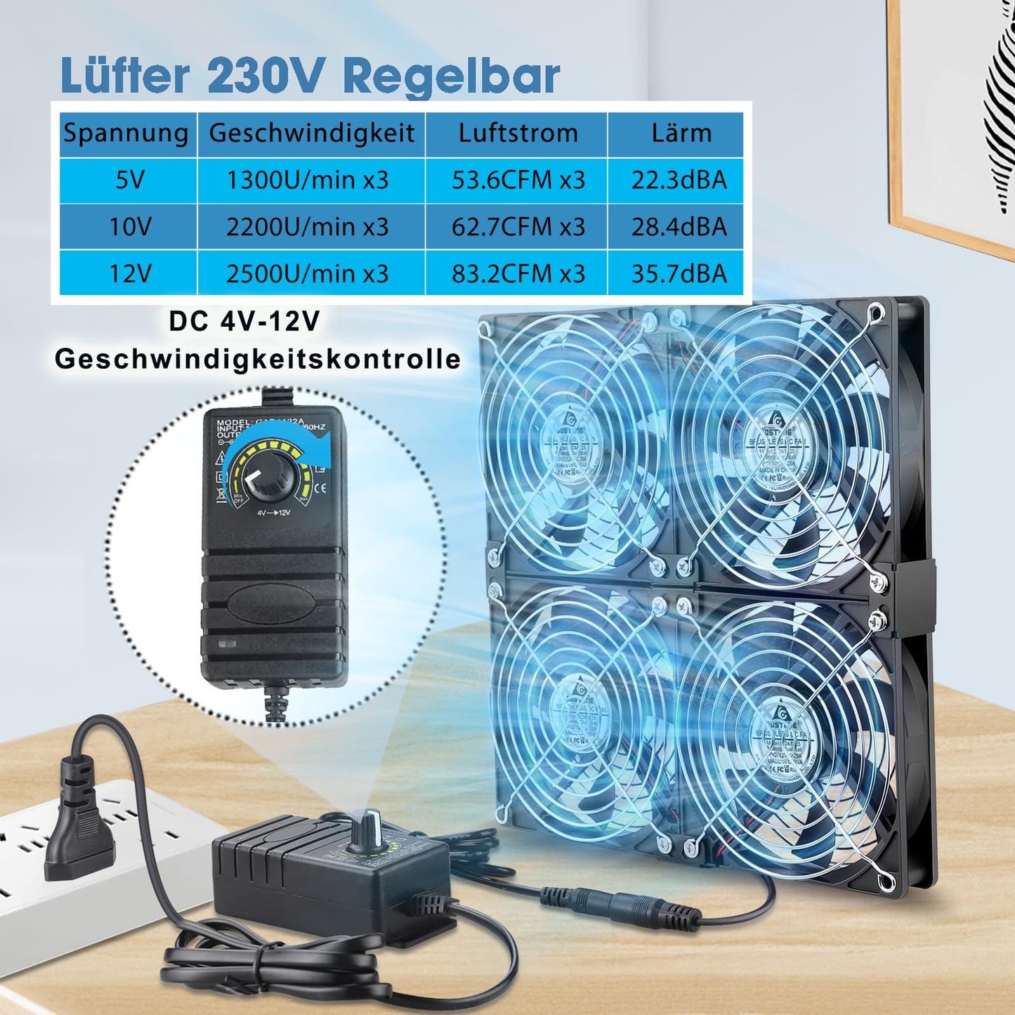 GDSTIME 4 x 120mm fans 230V Double 240mm fans 230V Adjustable Dual Ball Bearings Fan 220V Case Fan 4V -12V Adjustable Speeds High Airflow for Servers Inverter Cabinet