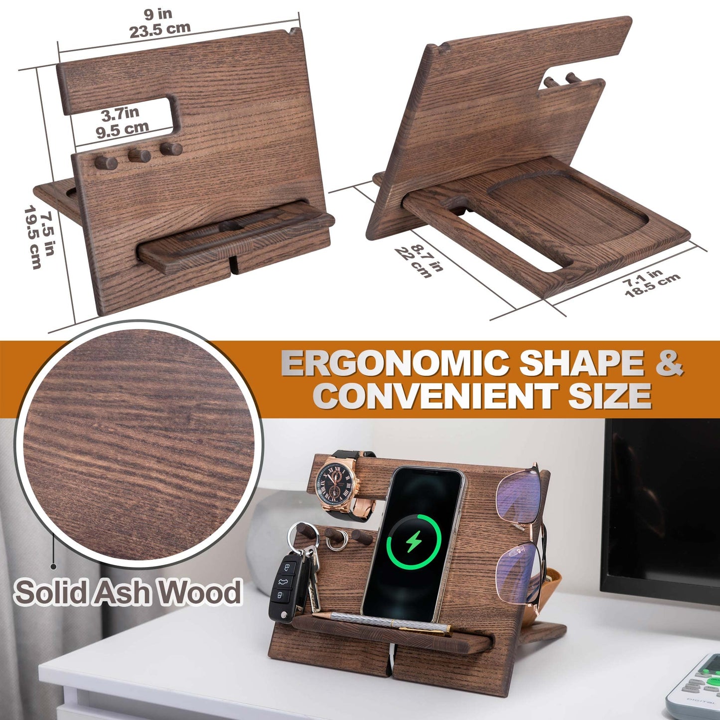 TESLYAR Desk Organizer Wood Ash Wenge - Phone Stand & Key Organizer with 3 Hooks for Office Storage & Organization - Wooden Gifts for Men Ideas