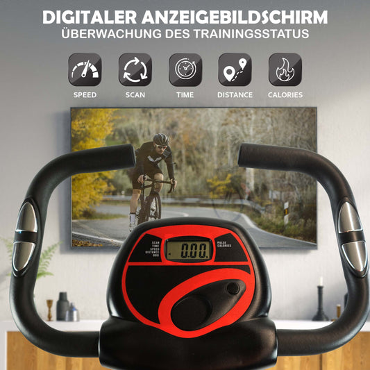 Fjoerdesport Folding Exercise Bike Trainer, fitness bike with LCD training computer, collapsible home trainer with pulse measurement, max user weight 110 kg, 8 resistance levels (Red)