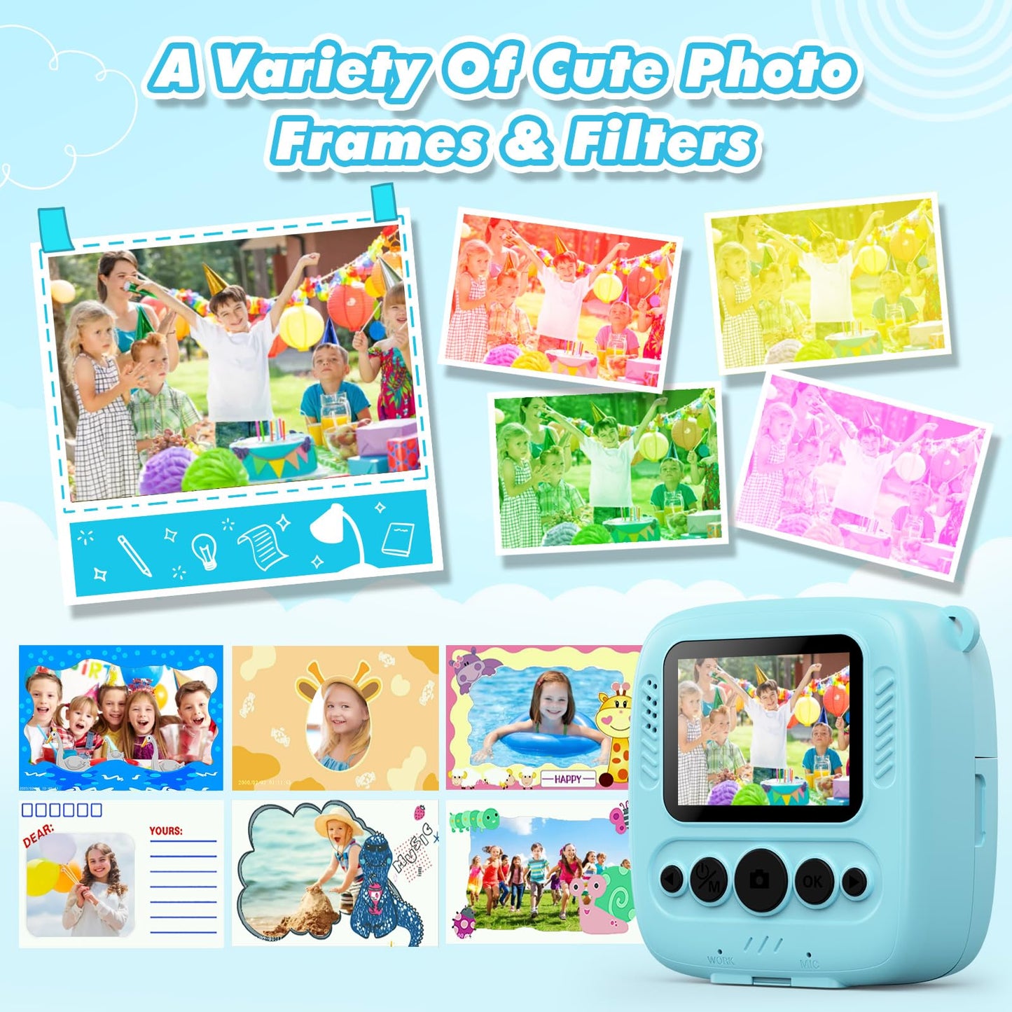 CalineGam Kids Camera Instant Camera, 48MP Instant Camera for Kids with 32GB card & printing paper, 1080P Digital Camera for Kids, Gifts for Boys and Girls 3-12 years old (Blue)