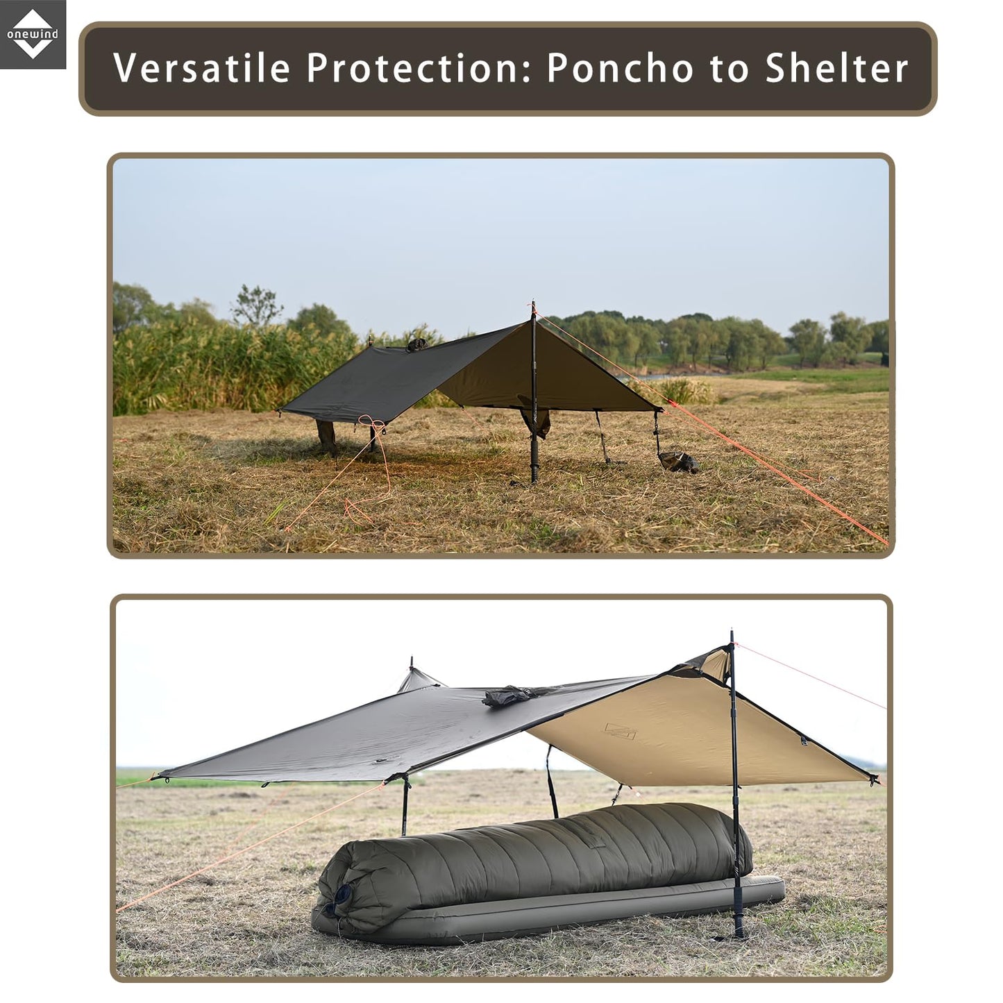 Onewind rain poncho for men and women, lightweight waterproof raincoat with hood and adjustable straps for camping, hiking, trekking, OD green.