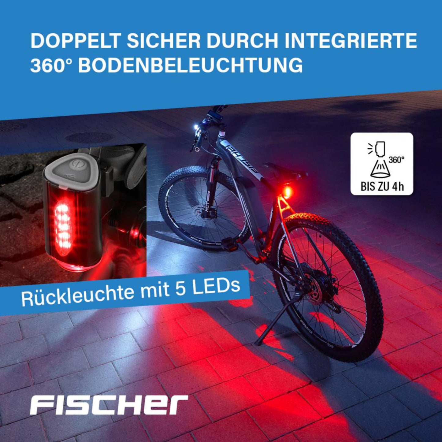 Fishing bicycle lighting set 80/40/20 lux, rechargeable light set Twin, front and 360° rear light, with battery and USB charging function, 3 lighting modes, splash protection according to IP44, approved by StVZO.