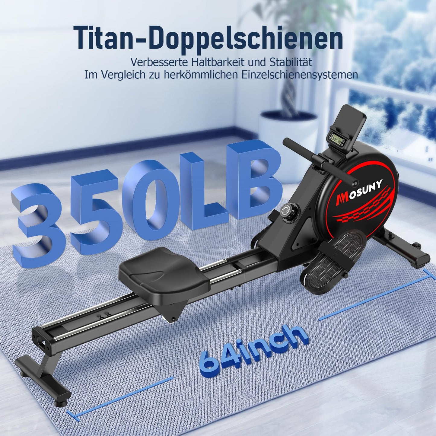 Home rowing machine, 16 levels of resistance, MOSUNY Quiet Magnetic Rowing Machine, Upgraded Dual Slide Rails, App-compatible LCD display, Supports up to 160kg.