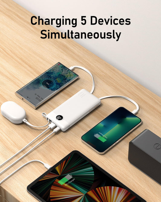 Powerbank 10000mAh Power Bank with Cable VEEKTOMX USB C Powerbank External Mobile Batteries with 5 Outputs LED Display External Battery Compatible with iPhone/Samsung Galaxy/Xiaomi/Huawei/iPad, etc.