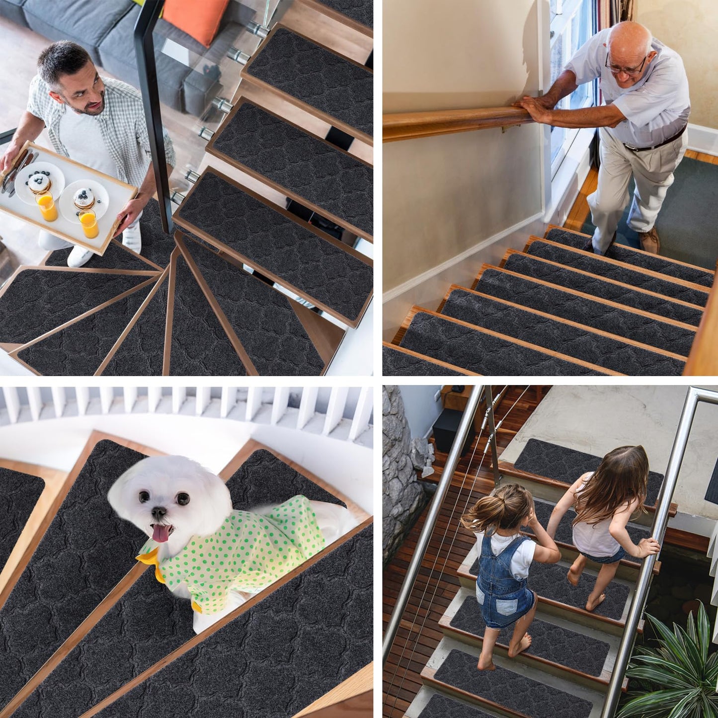 YISUN Stair Treads 15 Pieces, Anti-Slip Stair Tread Mats, Self-Adhesive Rectangular Stair Carpet, Carpet Stair Steps for Outdoor Indoor Use for Kids, Elderly, and Dogs, 20 x 65 cm (Dark Gray)