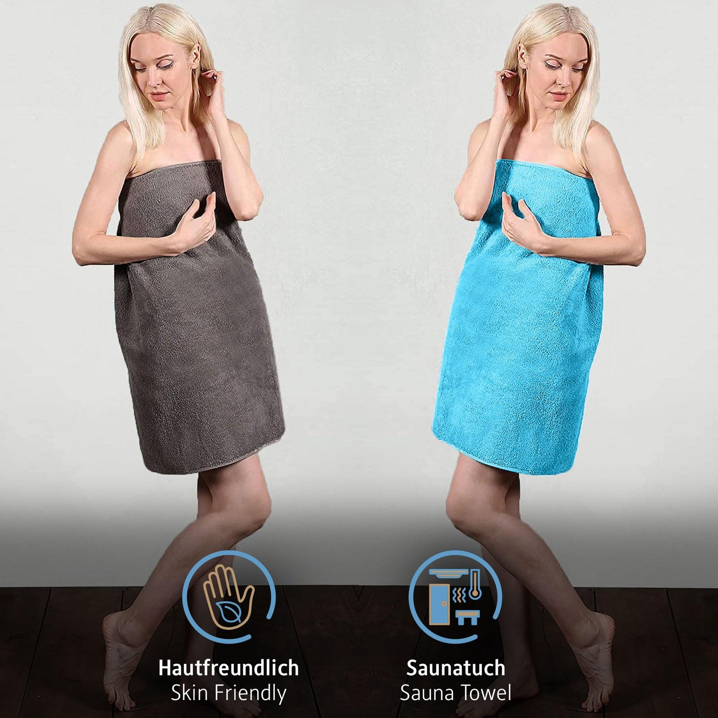 Comfortec 2-piece sauna towel set 70x200 cm made of 100% cotton, XXL sauna towels, soft, large, terry, quick-drying, anthracite gray/turquoise.