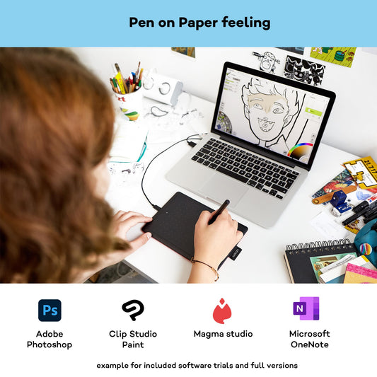 One by Wacom pen tablet with pressure-sensitive pen, compatible with Windows, Mac & Chromebook, Small, black/red.