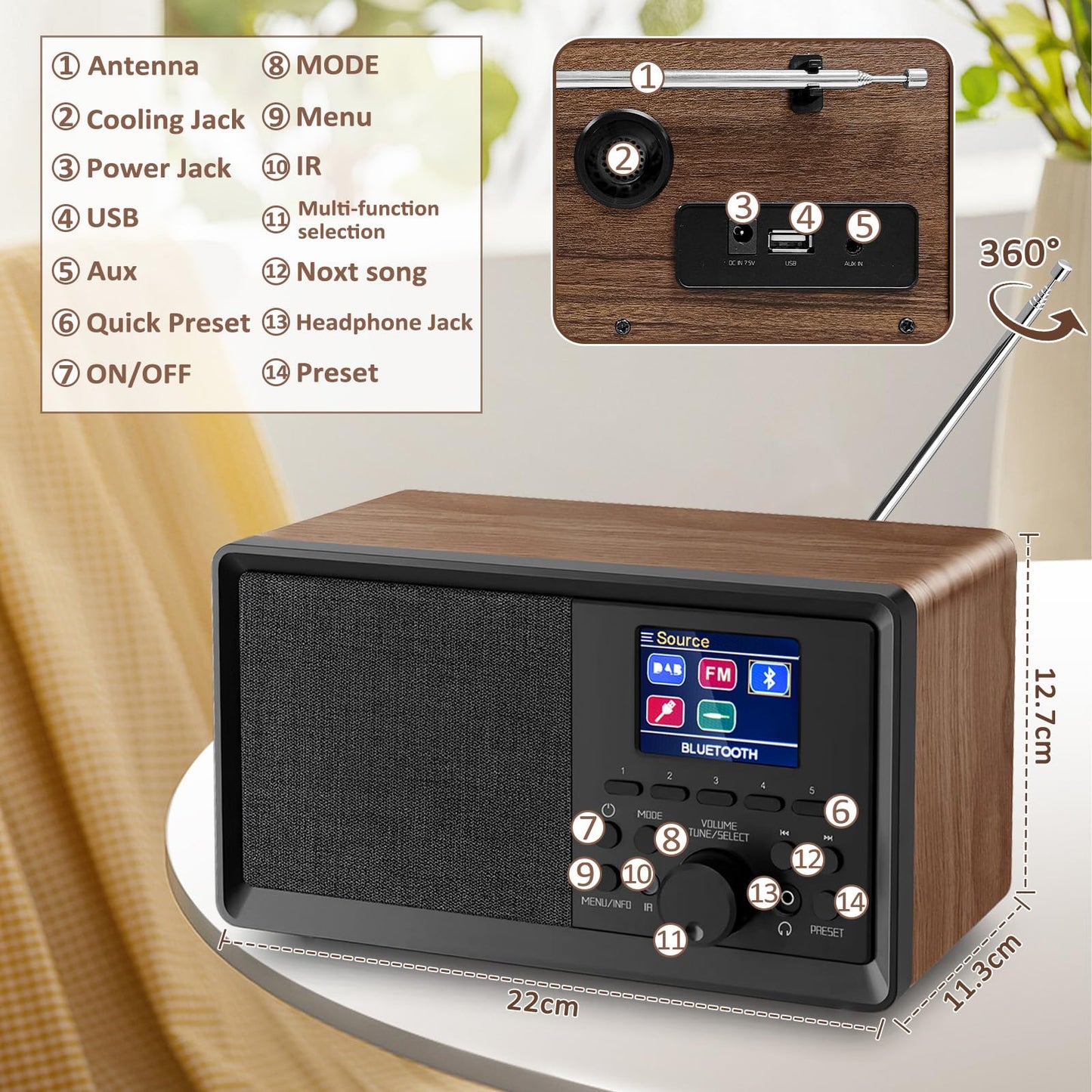 Wholede DAB Plus Radio with Bluetooth, DAB Radios with remote control DAB+/FM Radio Retro Wood Digital Radio Kitchen Radio Alarm Clock with dual alarm and USB/Aux port