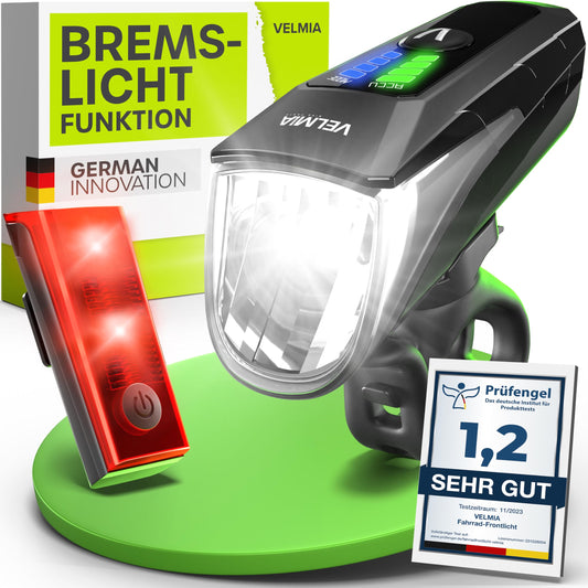 Velmia LED bike lights set approved for road use with USB battery operation and 8.5h runtime I rainproof and rechargeable light, bike accessory, front + rear light