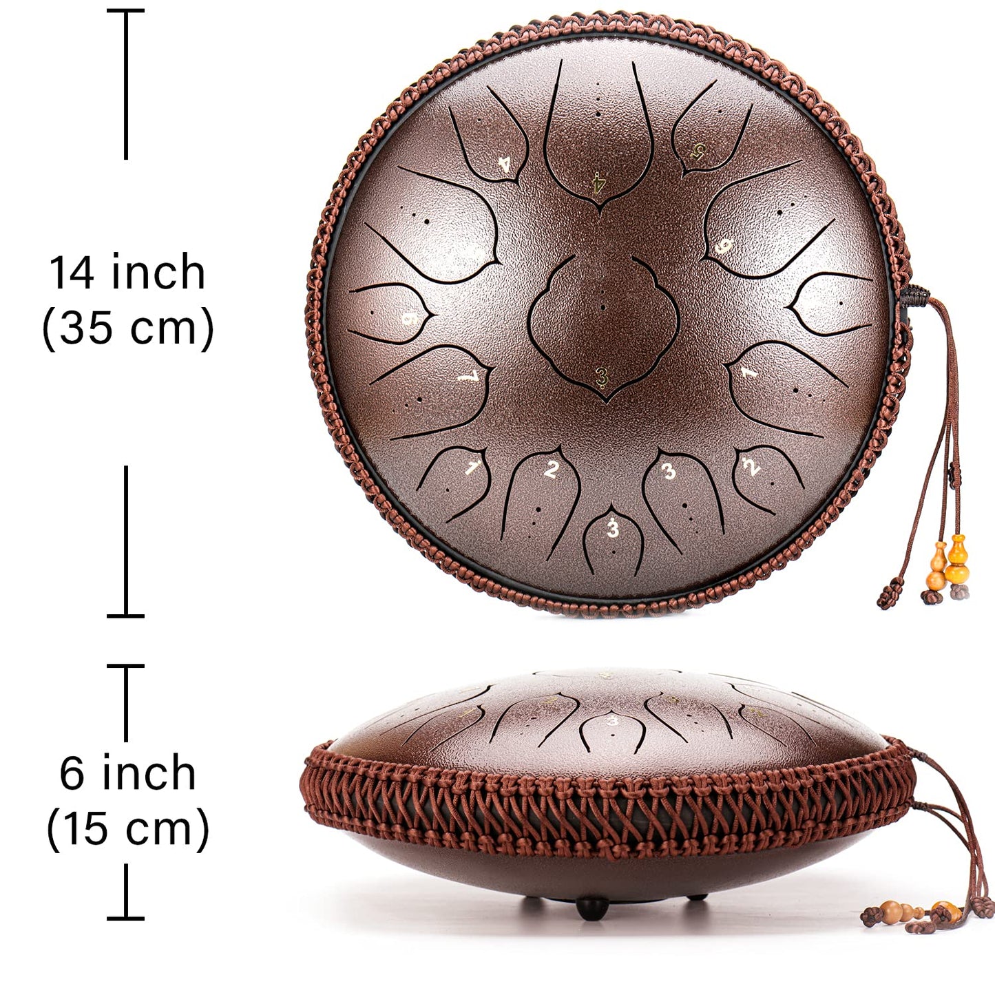 Amkoskr Steel Tongue Drum, 14-inch 35 cm Steel Tongue Drum, D major 15 notes, hand drum HandPan Drum with drumsticks/carrying bag (bronze)