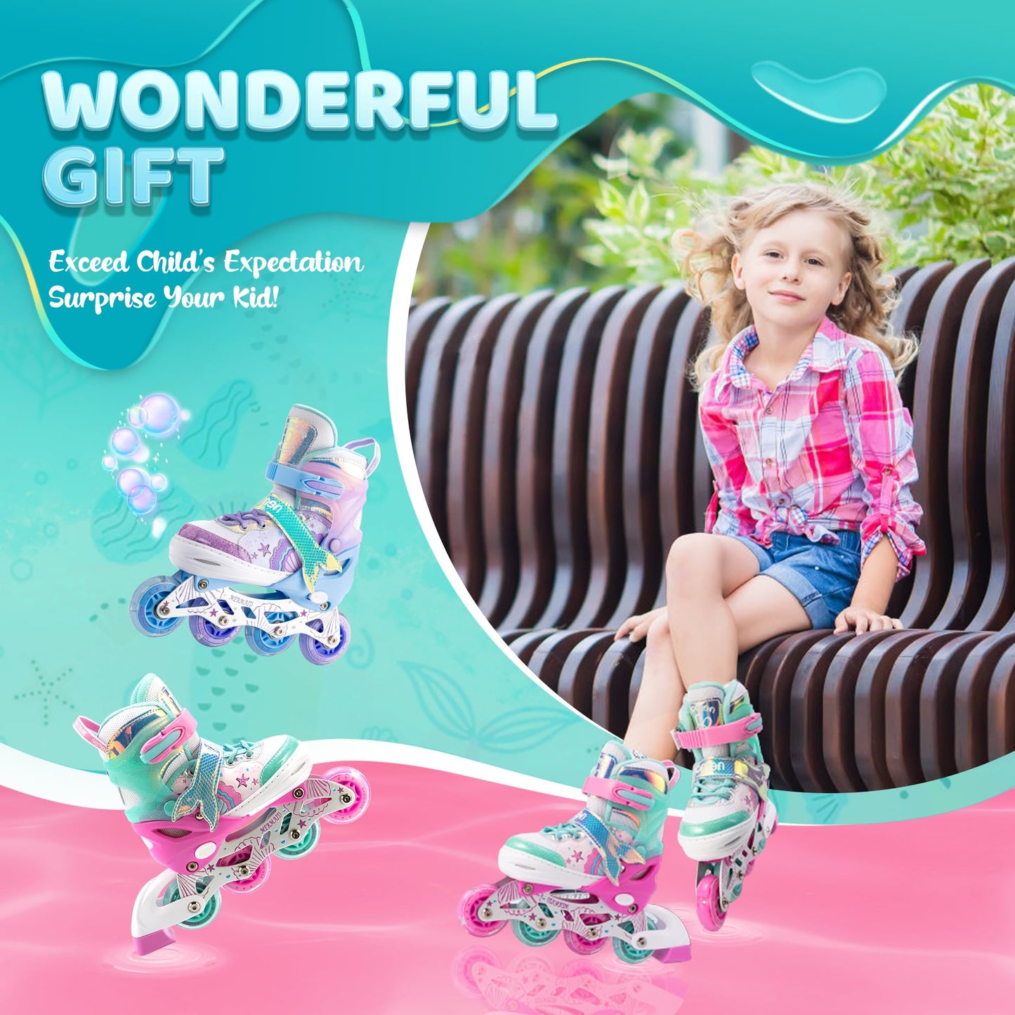 NEMONE Inline Skates for Girls Kids 4 Sizes Adjustable Green Pink inline skates for kids Indoor Outdoor Girls Kids