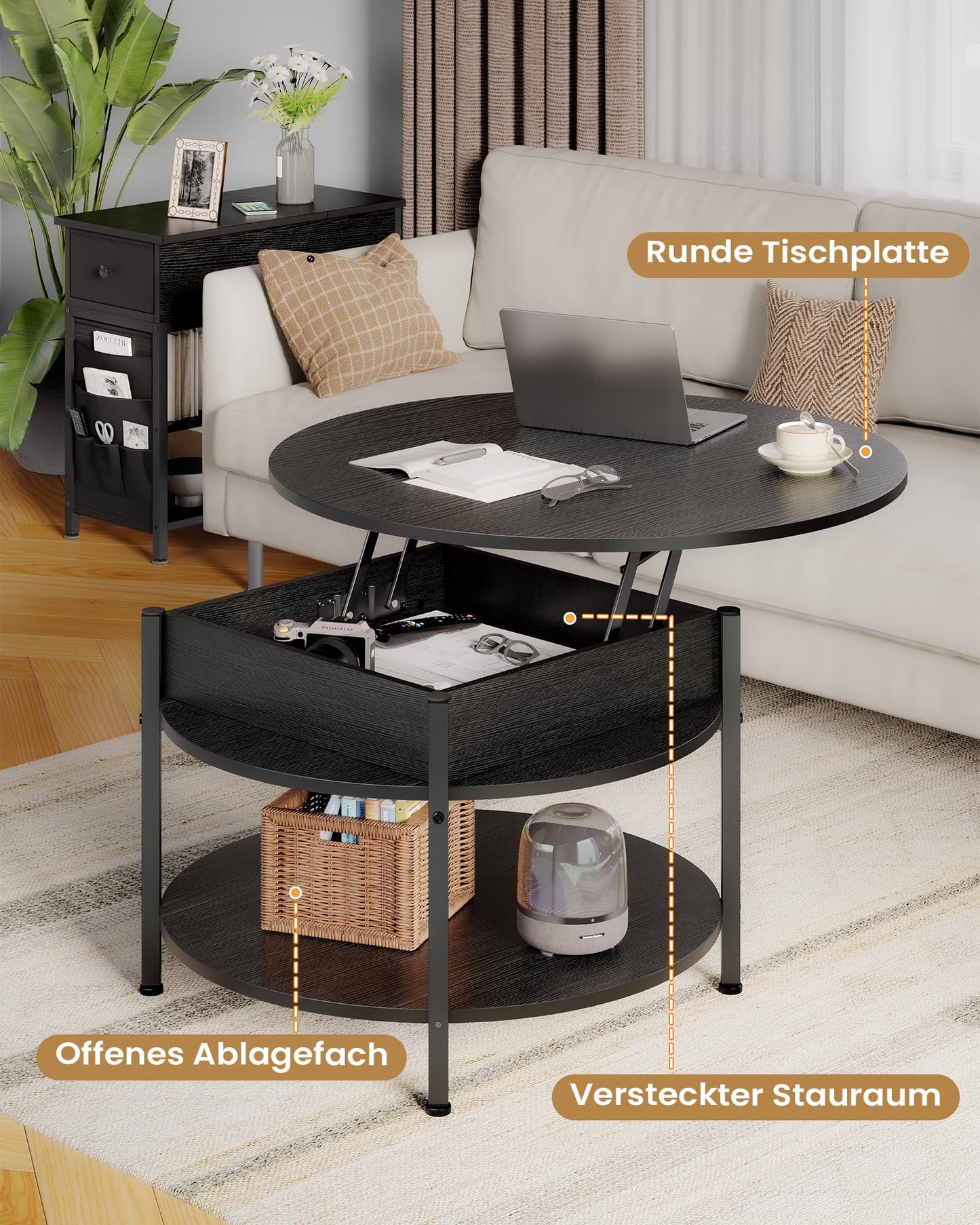 Round coffee table with lift top, height-adjustable coffee table, side table, living room table with hidden storage, open compartment, metal frame, for living room, office, 70 x 70 x 50 cm, Black