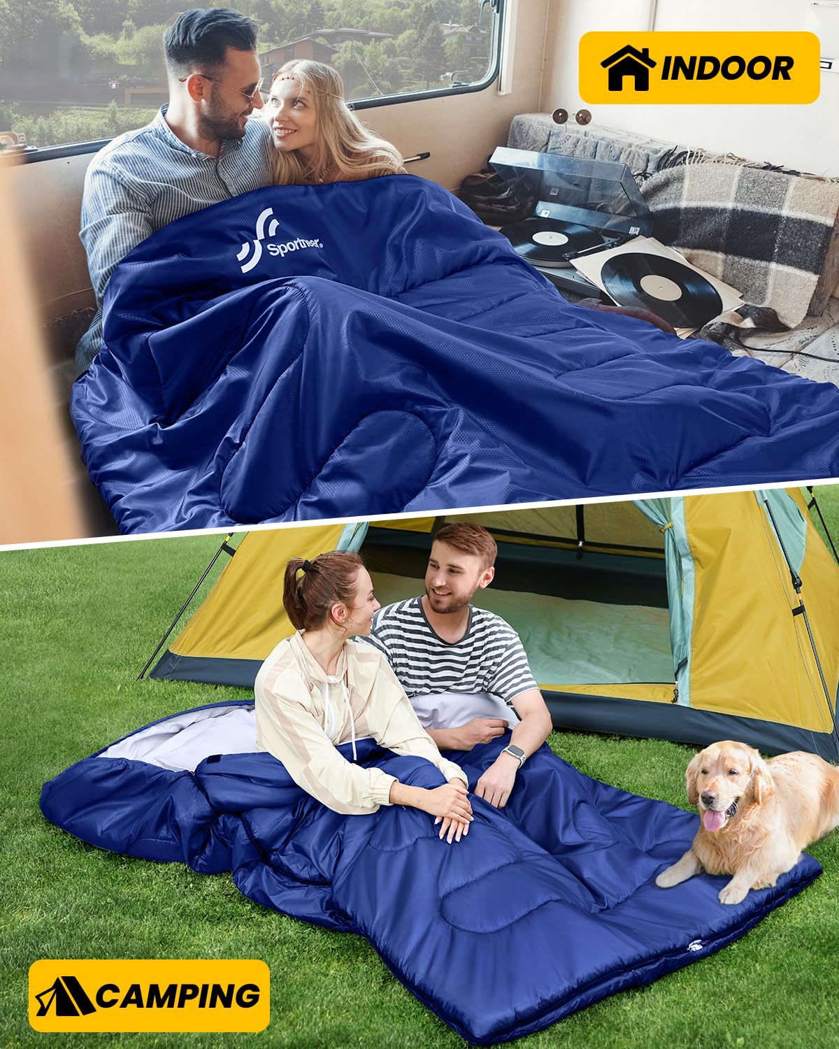Outdoor Sleeping Bag: Sportneer Double Sleeping Bag for 2 People, 220x150cm, 3.5kg with 2 pillows, Four Double Zippers, Adult Family Blanket Sleeping Bag, Blue
