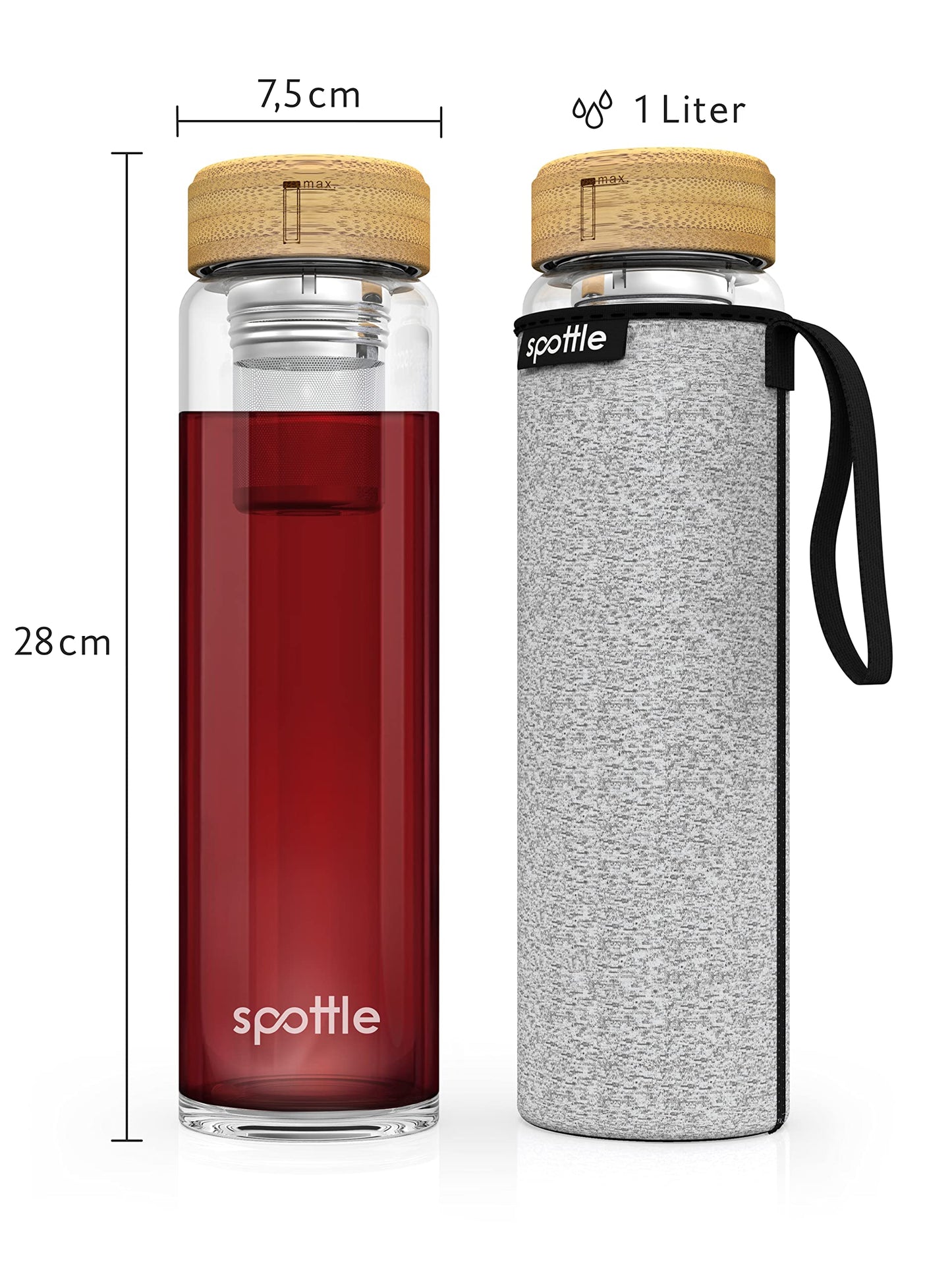Spottle tea bottle glass 1 liter with infuser - tea kettle to go - glass bottle with tea infuser and protective cover for loose tea & infused water, BPA-free, leak-proof, dishwasher safe.