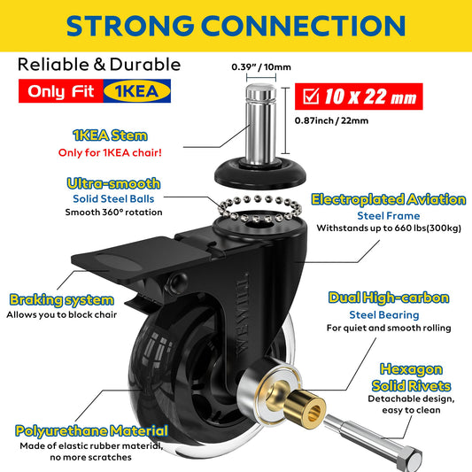 WEWILL office chair casters with lock, 5pcs office chair replacement casters, wear-resistant heavy-duty office chair casters replacement floor protectors with brake (10 * 22mm, not suitable for most casters)