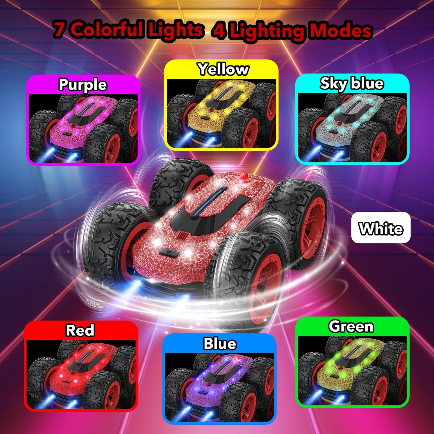 Remote control car for kids aged 3-12 years. 4WD RC car with 2.4Ghz frequency, 360° LED lights, stunt drift capabilities. Perfect toy for indoor/outdoor play, great for Christmas or birthday gifts for boys and girls.