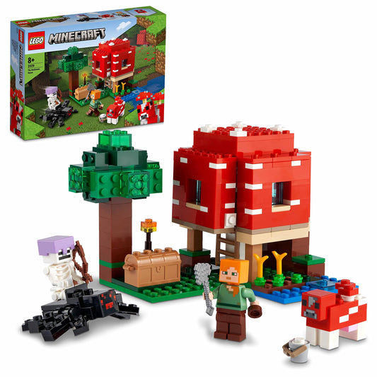 LEGO 21241 Minecraft The Bee Farm, Easter gift farm toy with buildable house & 21179 Minecraft The Mushroom House, toy for ages 8+, gift with figures of Alex, Mooshroom & Spider Jockey.
