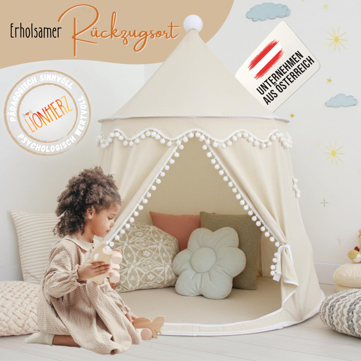 LIONHERZ® THE ORIGINAL play tent for kids, breathable cotton & hemp | Fairy tale castle with fiberglass poles and carrying bag | sturdy teepee for boys girls (cream white, without accessories)