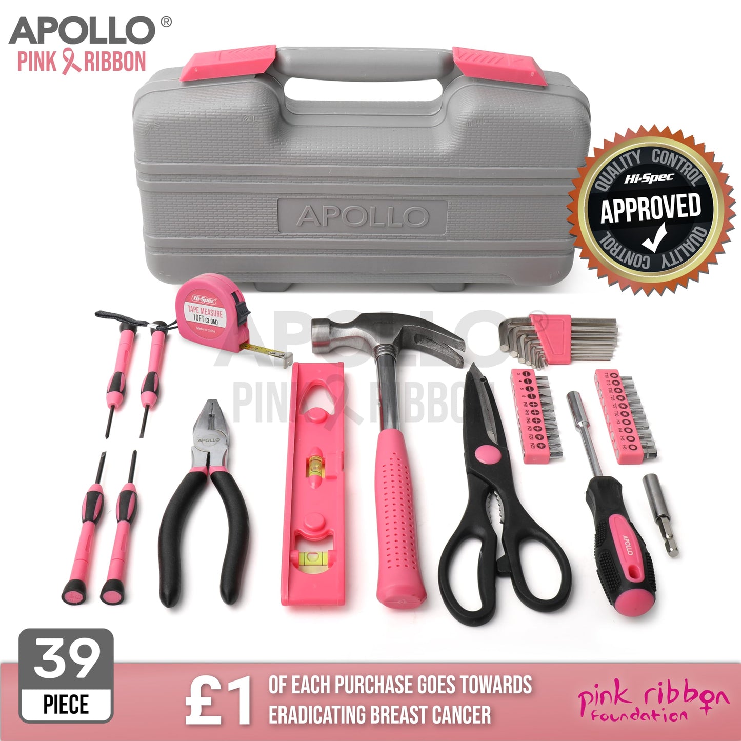 Apollo Pink Women's Tool Kit Small, 39-piece tool set for the household, tool kit set with tools in pink, including hammer and screwdriver set - Ideal gift for women.