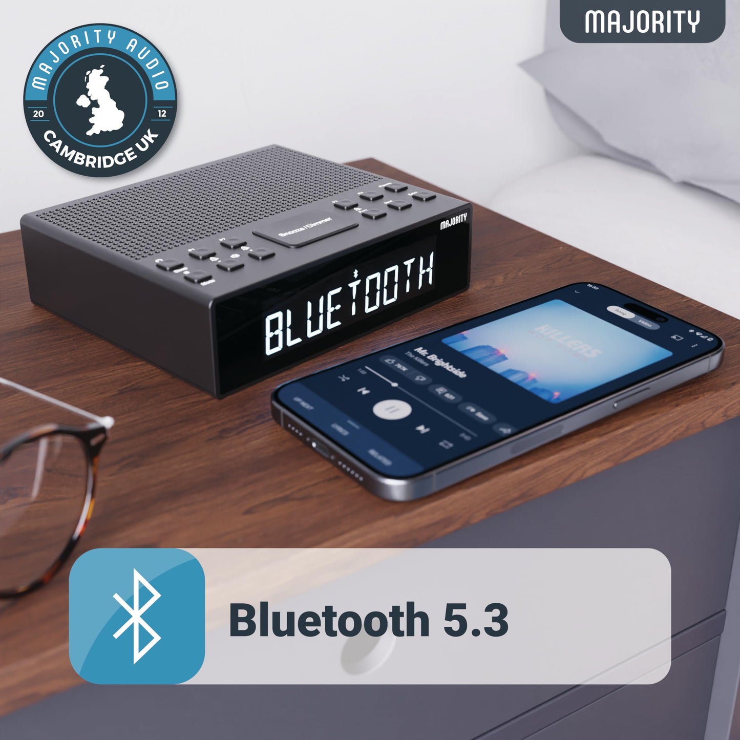 MAJORITY Knapwell | Bluetooth DAB, DAB+ radio alarm clock | Bedside radio with dual alarm, snooze function, large dimmable display | High-fidelity sound, USB charging | FM, headphone jack