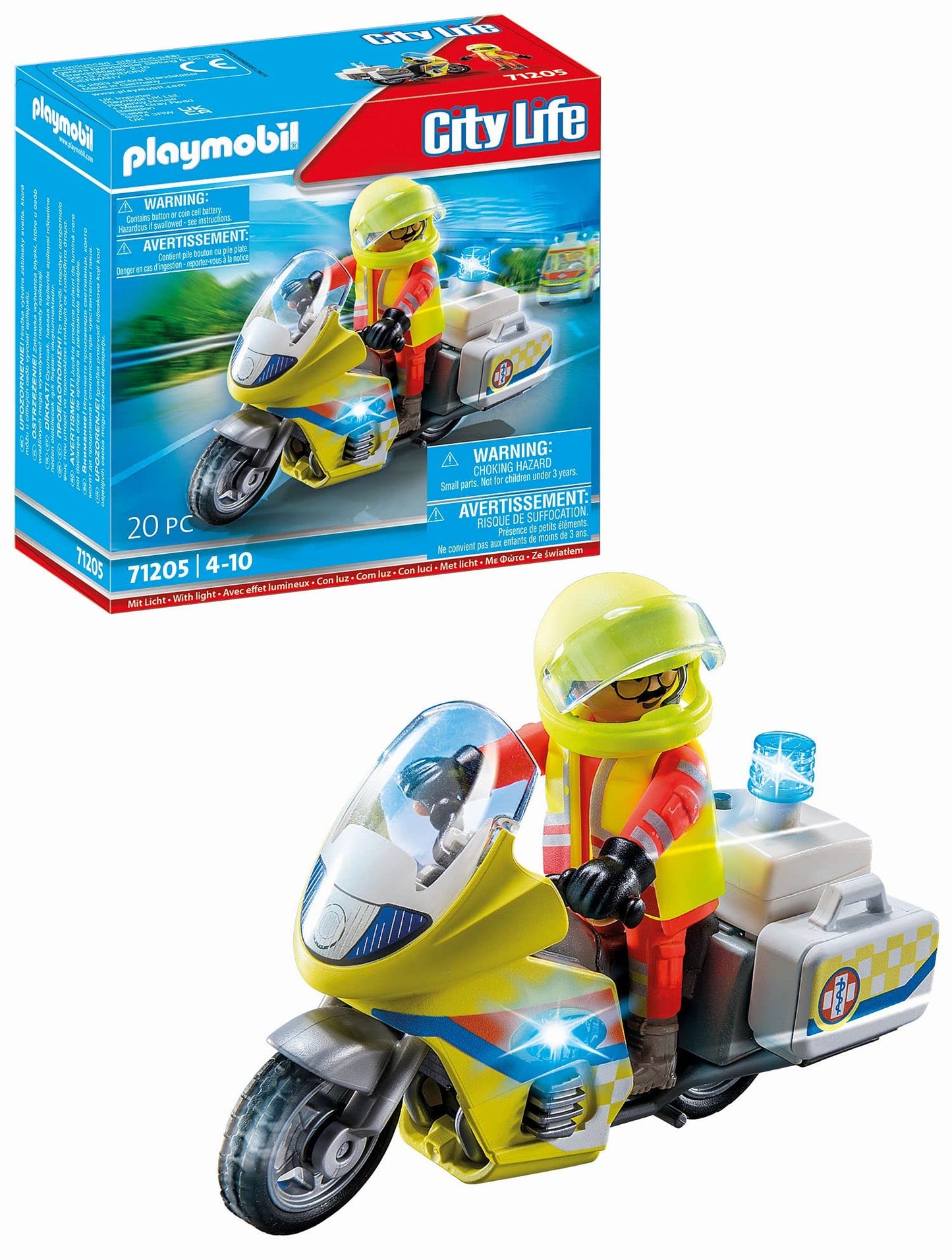 PLAYMOBIL City Life 71205 Paramedic Motorcycle with Light, Toy for Kids 4+ & City Life 71204 Rescue Cart, Toy for Kids 4+