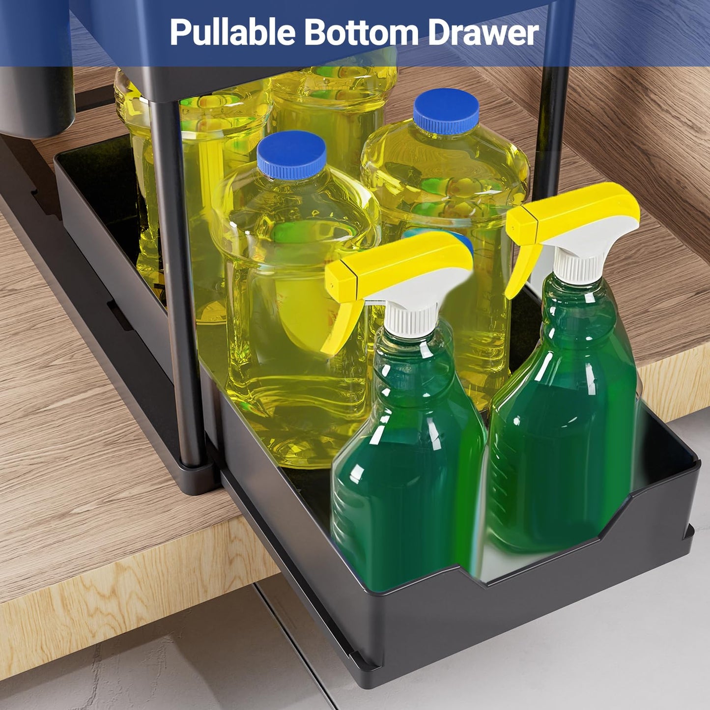 Puricon under sink shelf cabinet organizer, 2-tier countertop kitchen rack organizer, multifunctional spice rack under cabinet shelf sink rack - Black