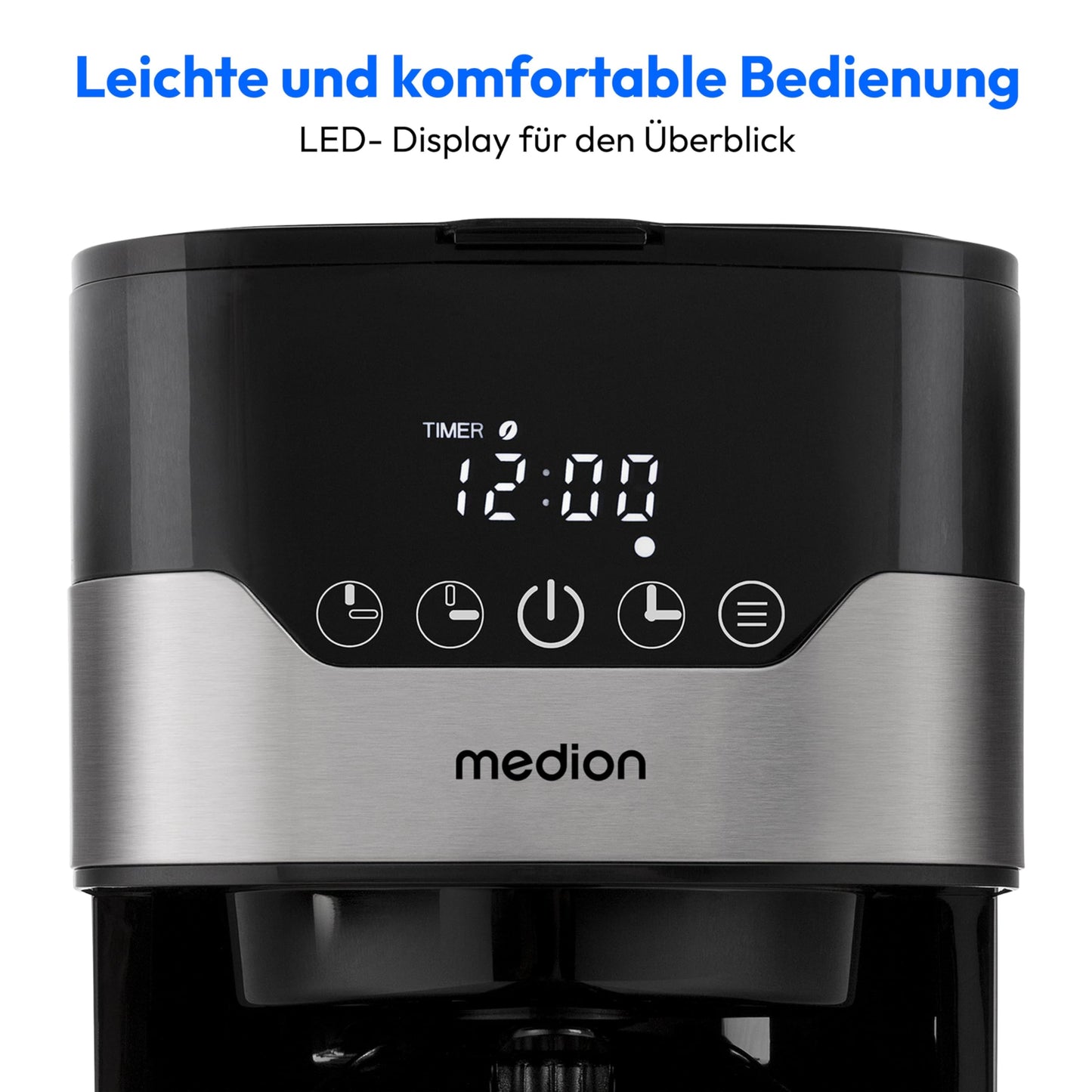 MEDION coffee machine with thermal carafe and timer (filter machine, 8 cups, 1.2 liters, 900 watts, 3 levels, keep warm function, timer clock, anti-drip, display, stainless steel) MD18458.