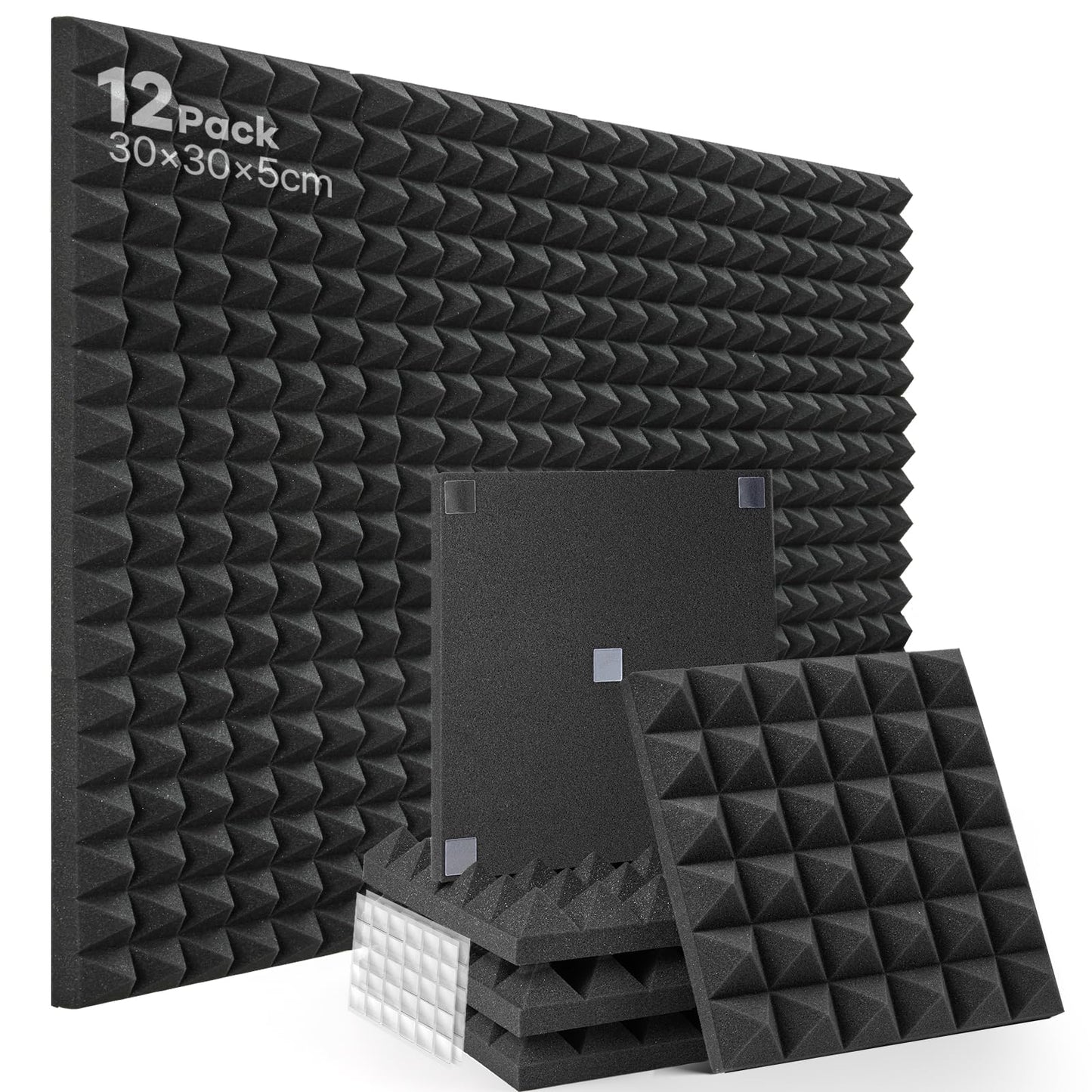 Acoustic Foam 12 Pieces Soundproofing High-Density Sound Absorber Wall Reduce Reverberation Noise for Podcast Recording Studio Soundproofing with 60pcs Stickers Included, 30x30x5cm.