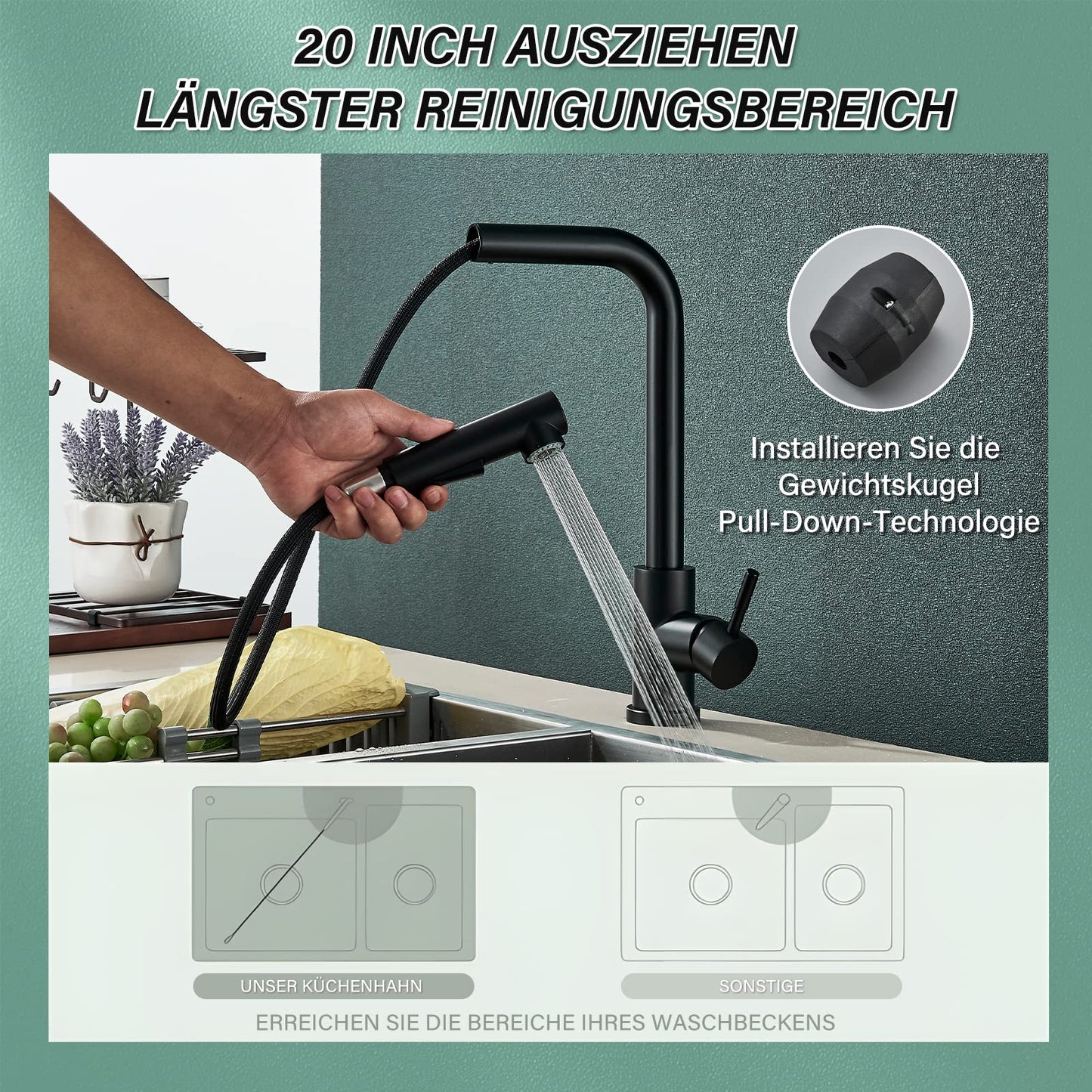 Kitchen faucet black with pull-out spray head High-pressure 360° swivel kitchen sink faucet stainless steel Two spray modes water tap.