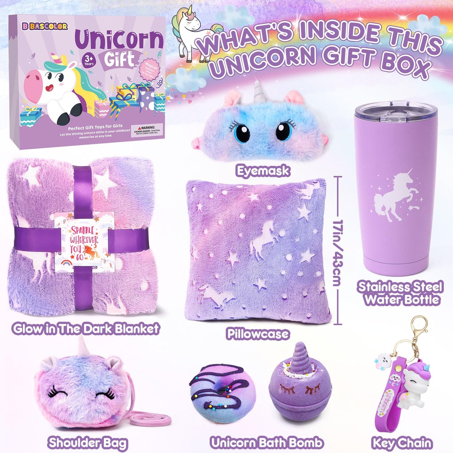 Taco bear unicorn gifts for girls aged 5-11 years old. Includes unicorn blanket, glow-in-the-dark pillowcase, stainless steel thermos, bath bombs, shoulder bag, eye mask. Perfect birthday gift for girls.