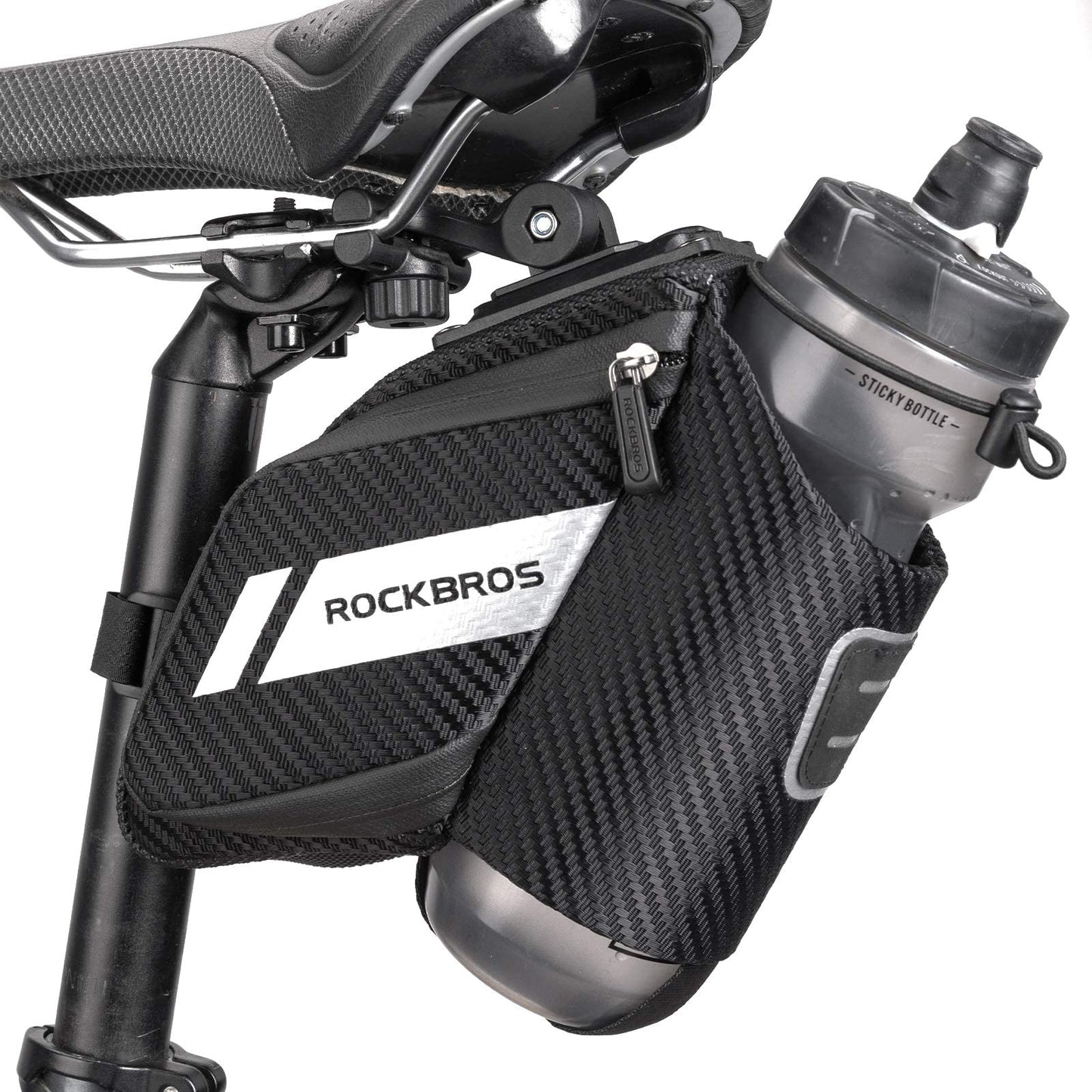 ROCKBROS bike saddle bag with bottle holder, reflective, suitable for MTB, road bike, folding bike. Black, approx. 1L capacity.