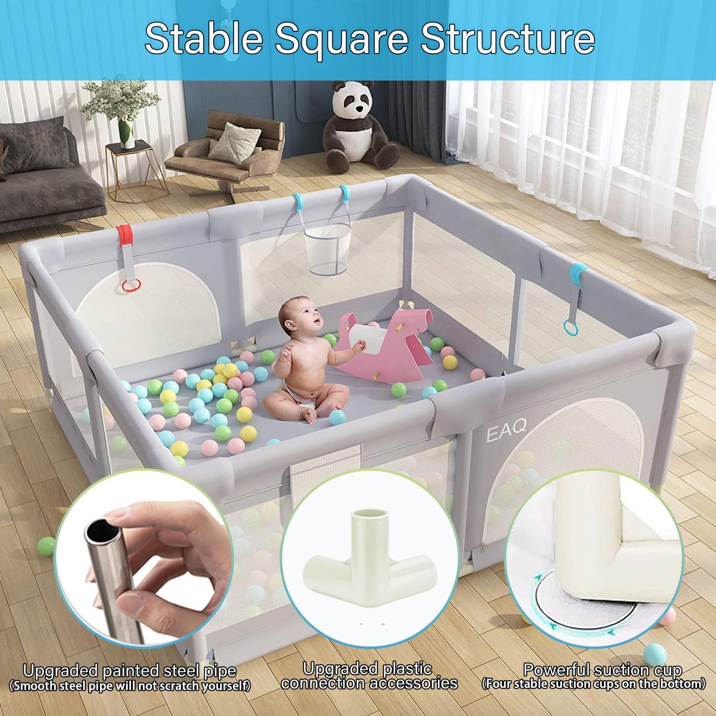EAQ Baby Playpen 150x180cm Play Yard Safety Playground with super soft, breathable mesh, Children's Fence for Infants Toddlers