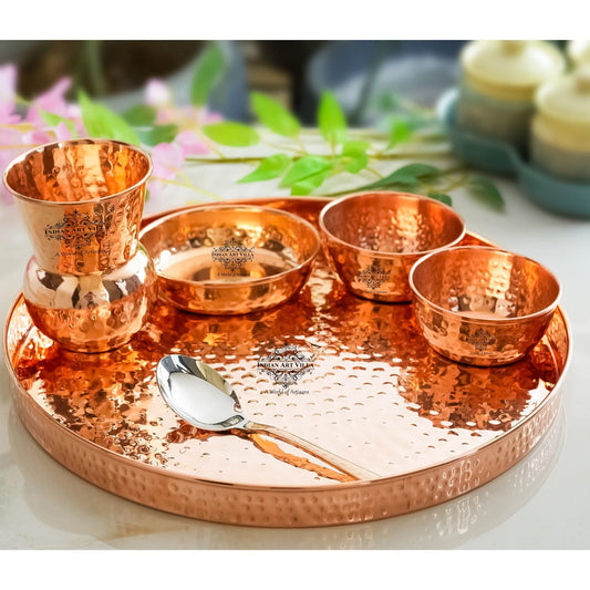 IndianArtVilla Thali/Dinner-Set, handcrafted, pure copper, 8 pieces