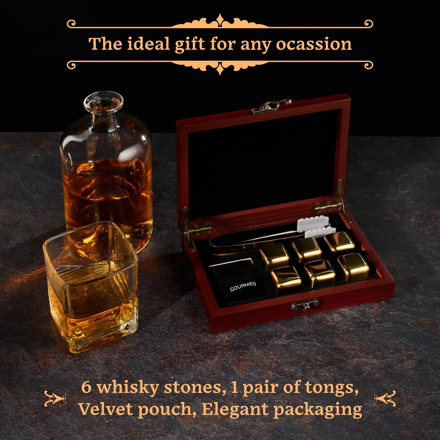 GOURMEO 6 Whiskey Stones Stainless Steel in Gold incl. Wooden Gift Box - Reusable Whisky Stones in the set as an alternative to traditional ice cubes.