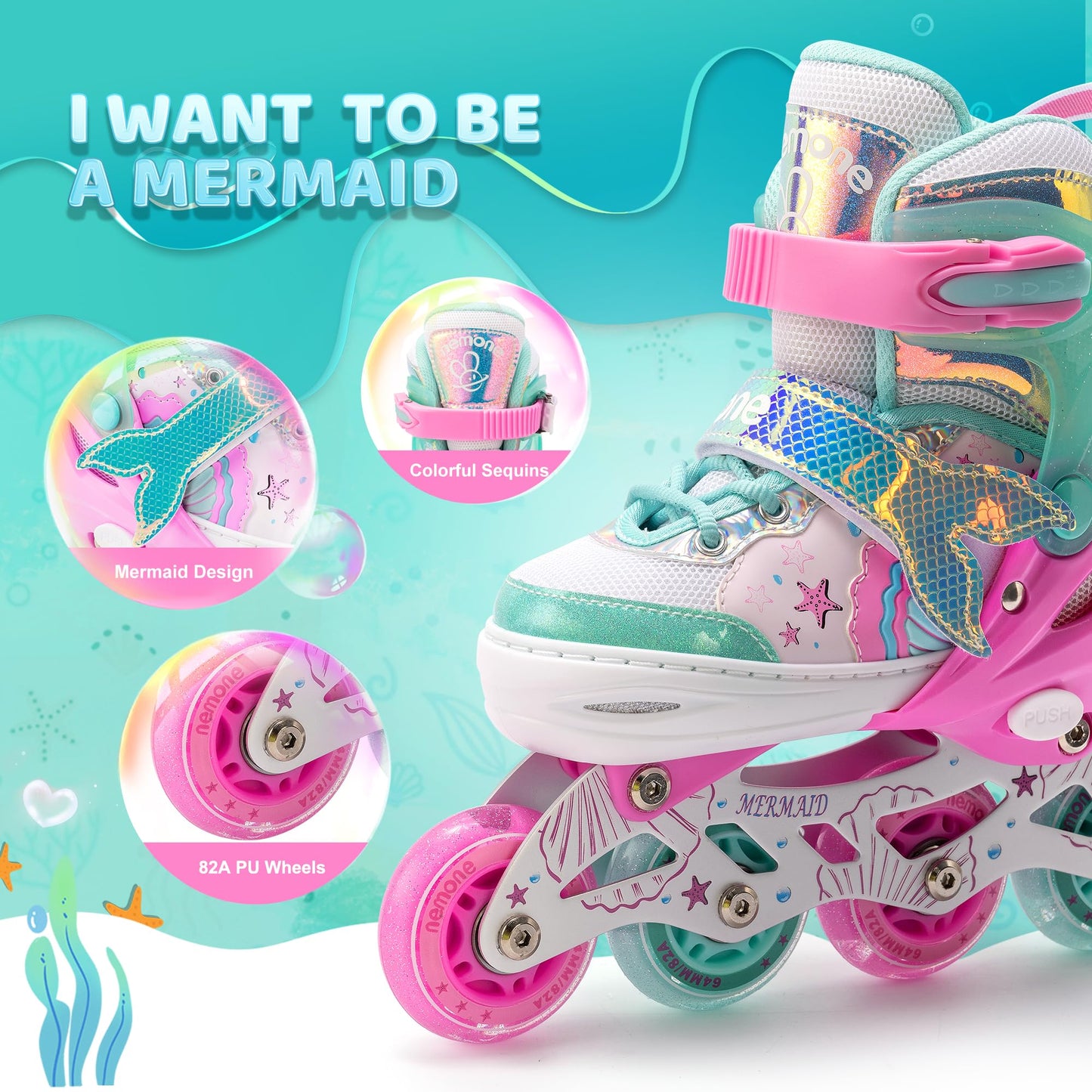 NEMONE Inline Skates for Girls Kids 4 Sizes Adjustable Green Pink inline skates for kids Indoor Outdoor Girls Kids