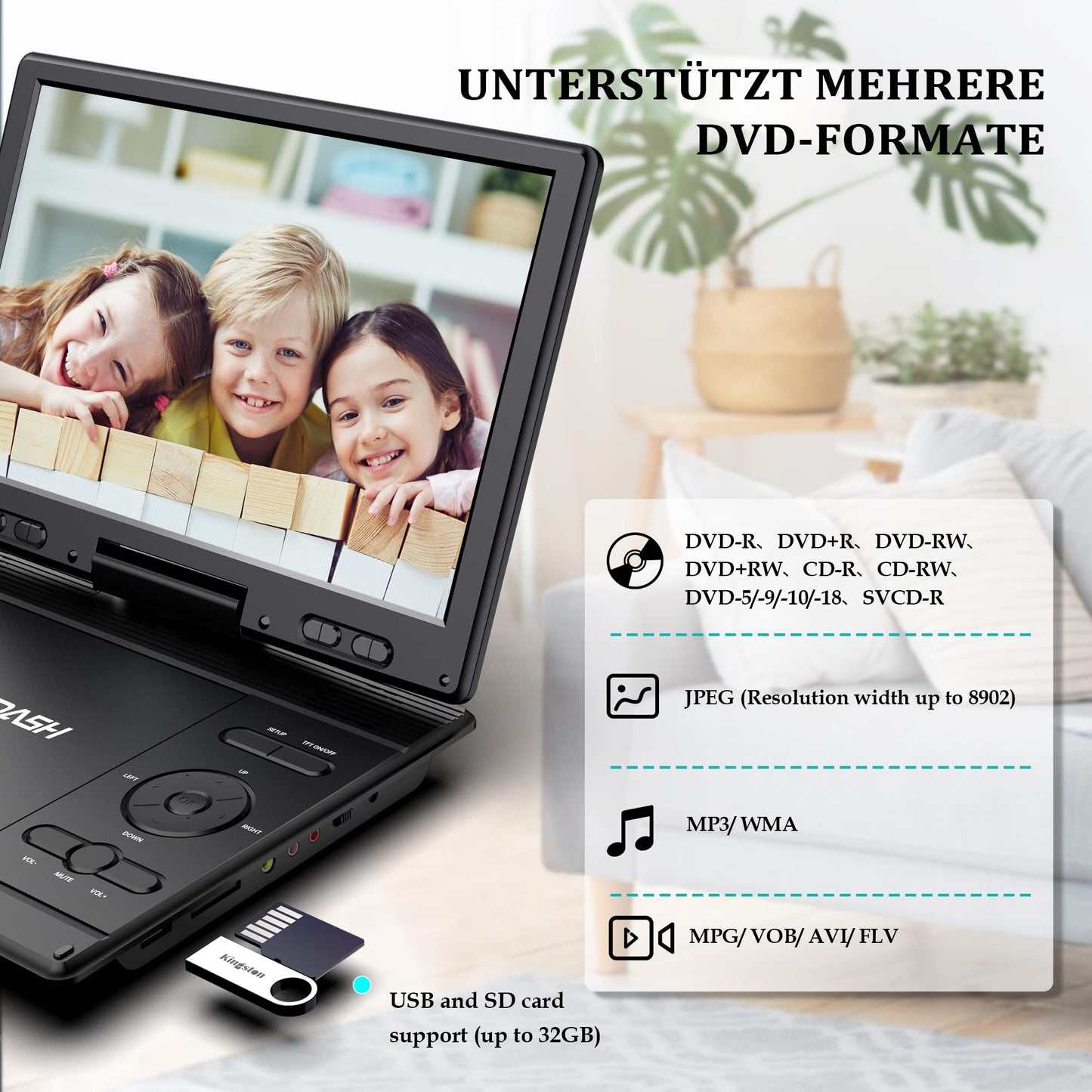 Portable 14.9-inch DVD player for cars, for kids with swivel 12.5-inch HD screen & car headrest mount, DVD/CD player, for Sync-TV projector, USB/SD connection
