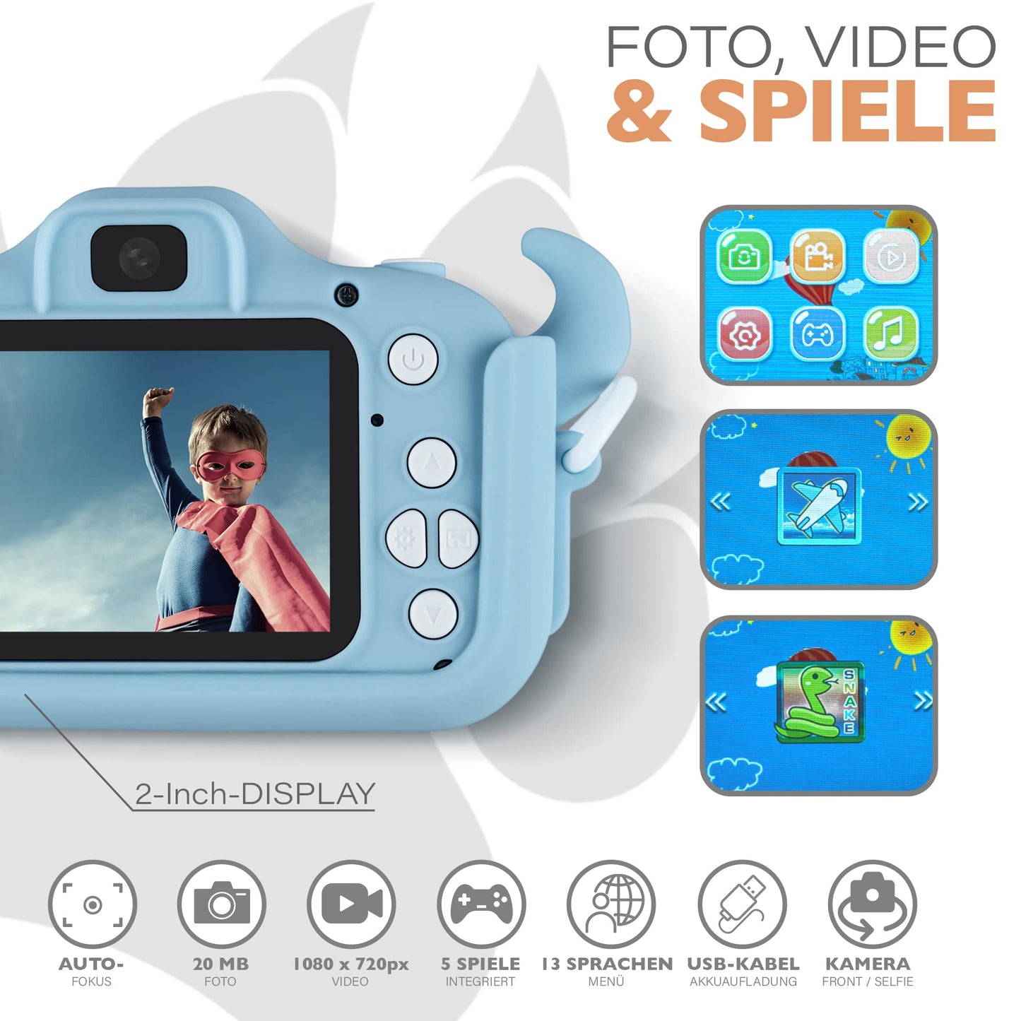 Lion Toys Kids Camera Blue | Photo camera with 32GB memory card, silicone protective case & fun effects | 18 megapixels | rechargeable | Easy operation for ages 3-12.