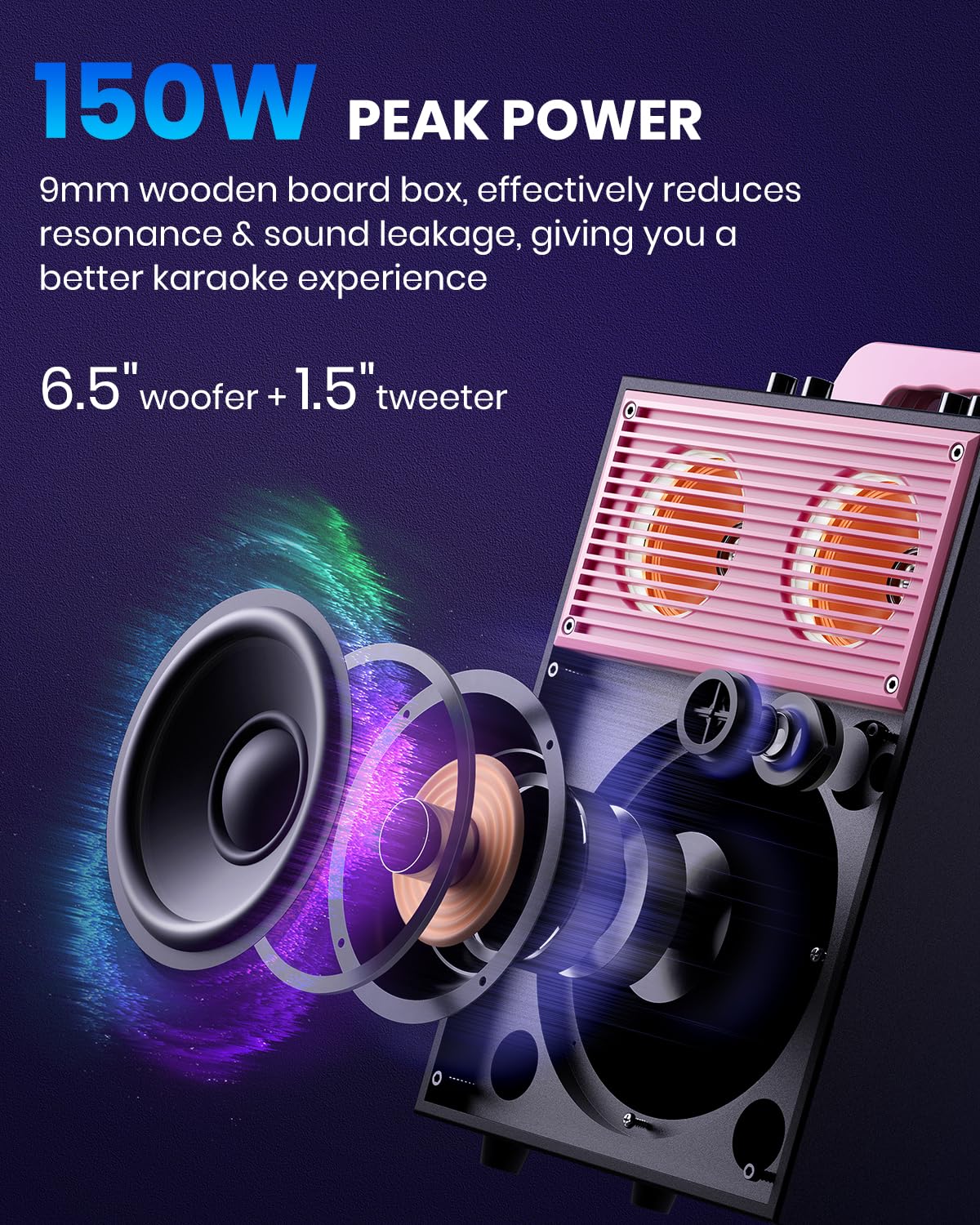 Moukey Karaoke Machine for adults and kids, portable PA system, Bluetooth party speaker with 2 wireless microphones and disco light, TWS/AUX/USB/TF/FM, Echo/Treble/Bass adjustment - MPS4 Pink