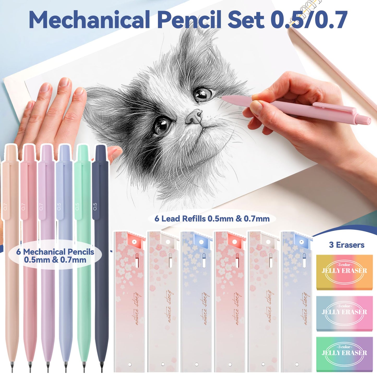 DazSpirit Stationery 61 Piece School Supplies Set with Pencil Case, 12 Pastel Highlighters, 4 Erasable Pens, 5 Gel Pens, 6 Mechanical Pencils, Back To School Stuff, Office Essentials, Writing Set (Blue)