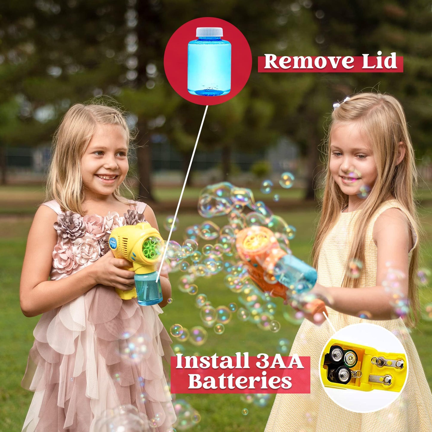 JOYIN 2 Bubble Guns for Kids with Bubble Solution (2 * 130 ml), bubble machine for parties, Bubble Gun for Halloween, indoor outdoor activities, Easter (yellow + orange)