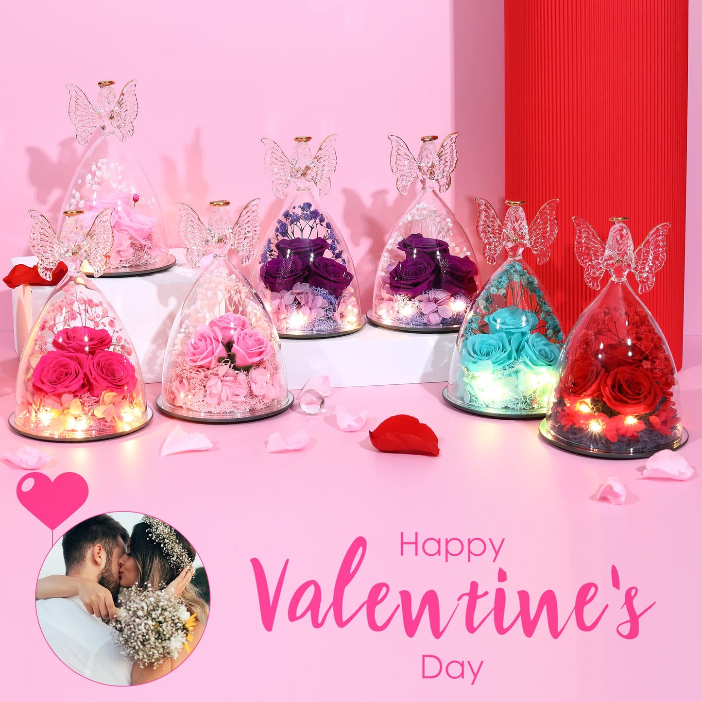 Faneeyo Angel Gifts for Women - Three Preserved Flower Roses in Glass, Birthday Gift for Her, Rose Figurines for Valentine's Day Mother's Day Christmas - Dark Blue