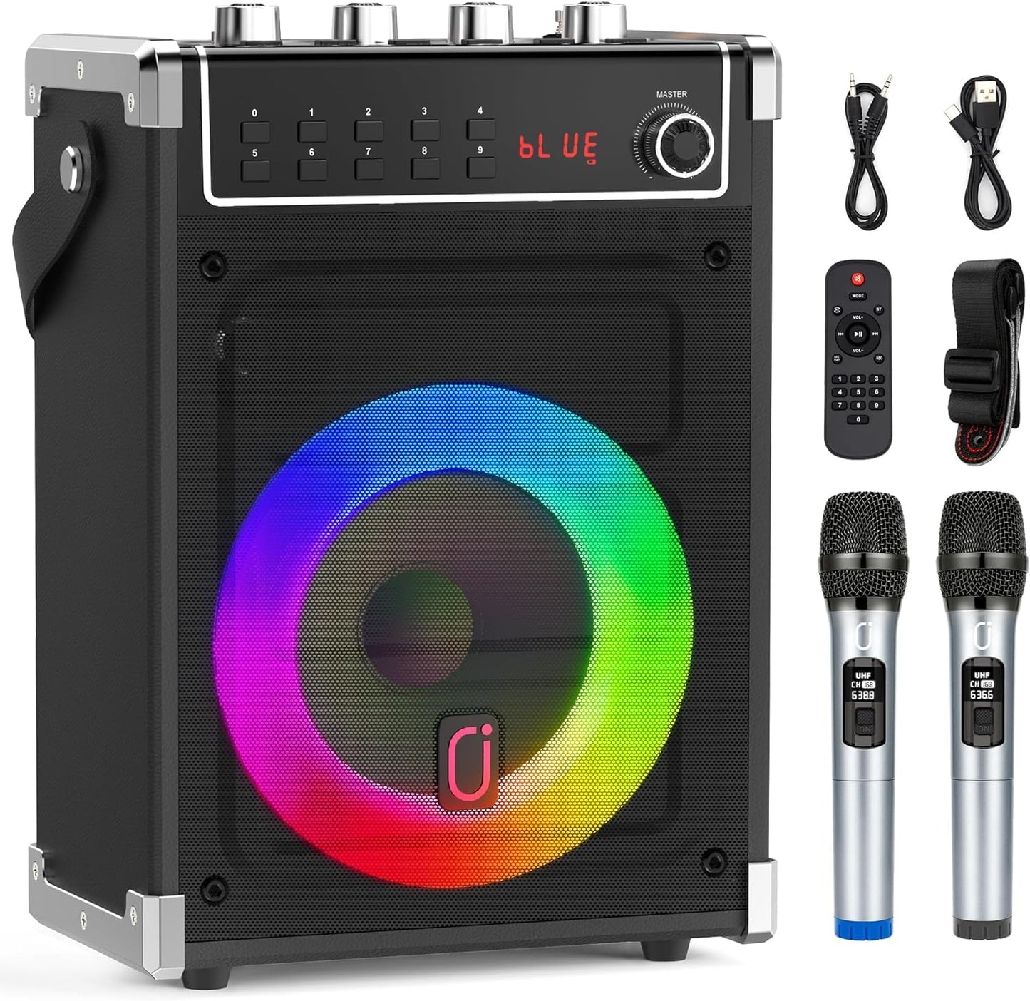 JYX Karaoke machine with 2 UHF wireless microphones, Bluetooth speaker with bass/treble control and LED lights, PA system support TWS, AUX in, FM, recording, perfect for parties/adults/kids.