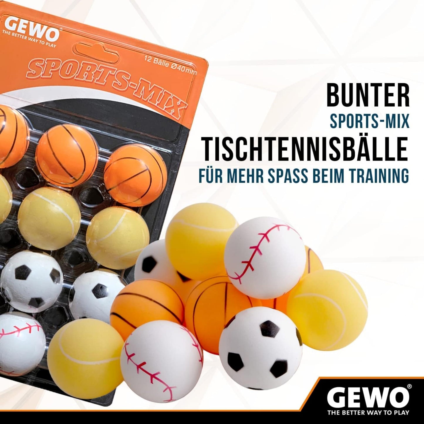 GEWO Sports-Mix Table Tennis Balls - Plastic Table Tennis Balls 40+ in Sport Design - 12 colorful, high-quality Ping Pong Balls - Various designs, 40+ mm diameter.