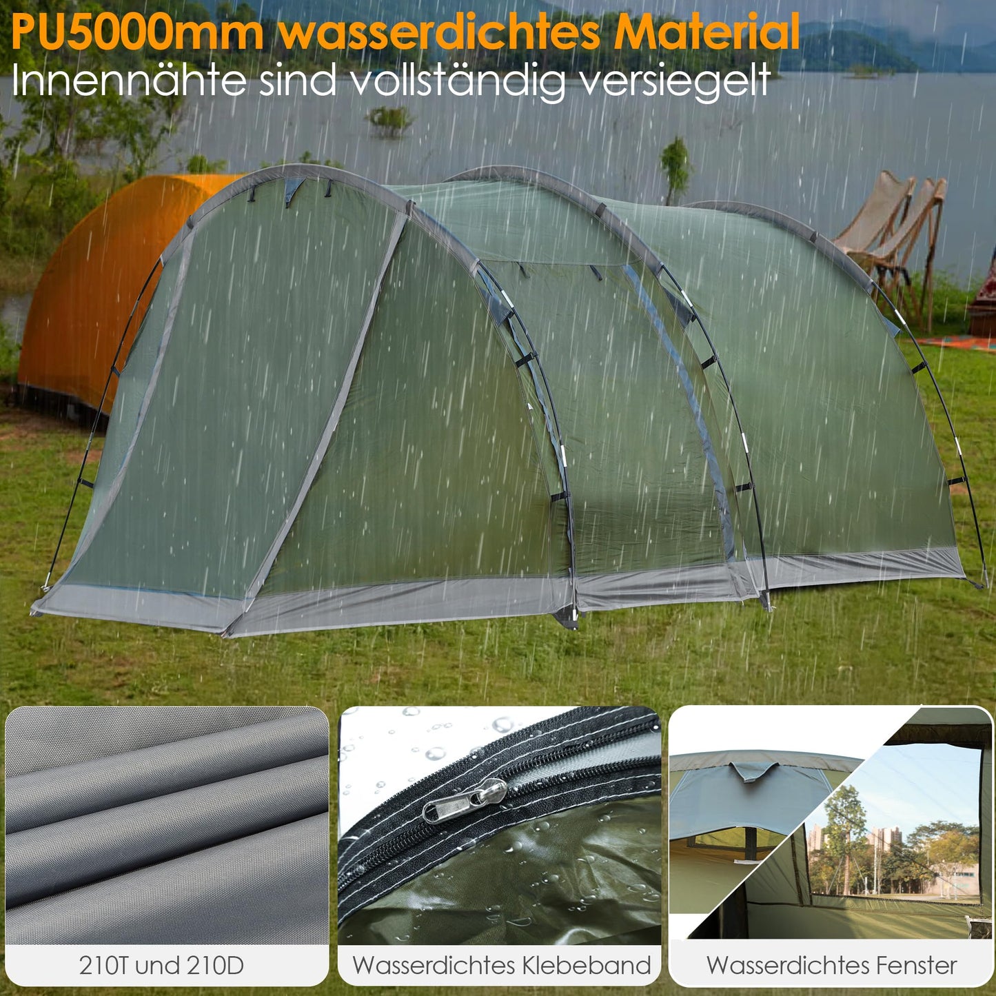 Camping tent for 4 people, 5000mm waterproof tunnel tent. Family tent, group tent, vestibule, sun shade, tipi tent. Large camping tent with sleeping cabin, glamping tent with removable tent floor.