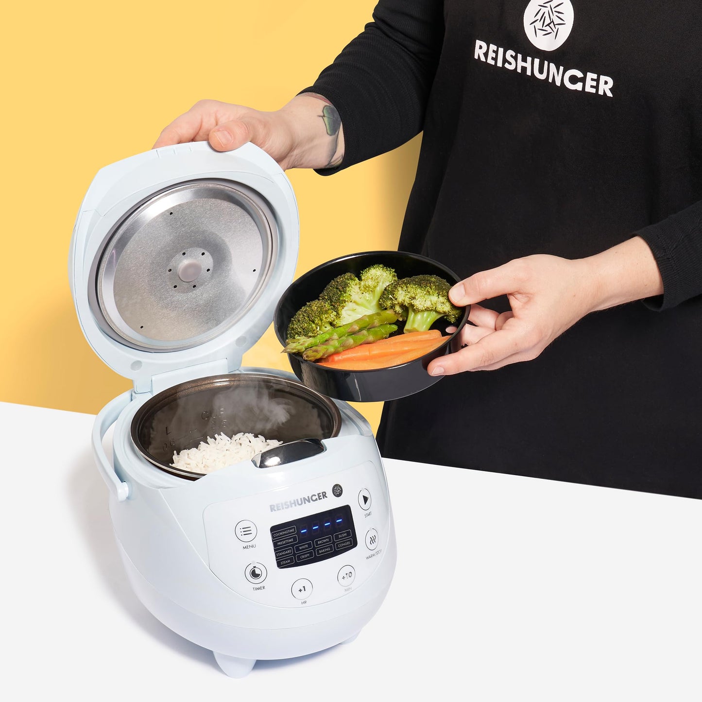 REISHUNGER Digital Rice Cooker small, light blue | 0.6 L for 3 people | Keep warm function, timer & premium pot | Small multicooker & steamer, 8 programs, 7-phase technology