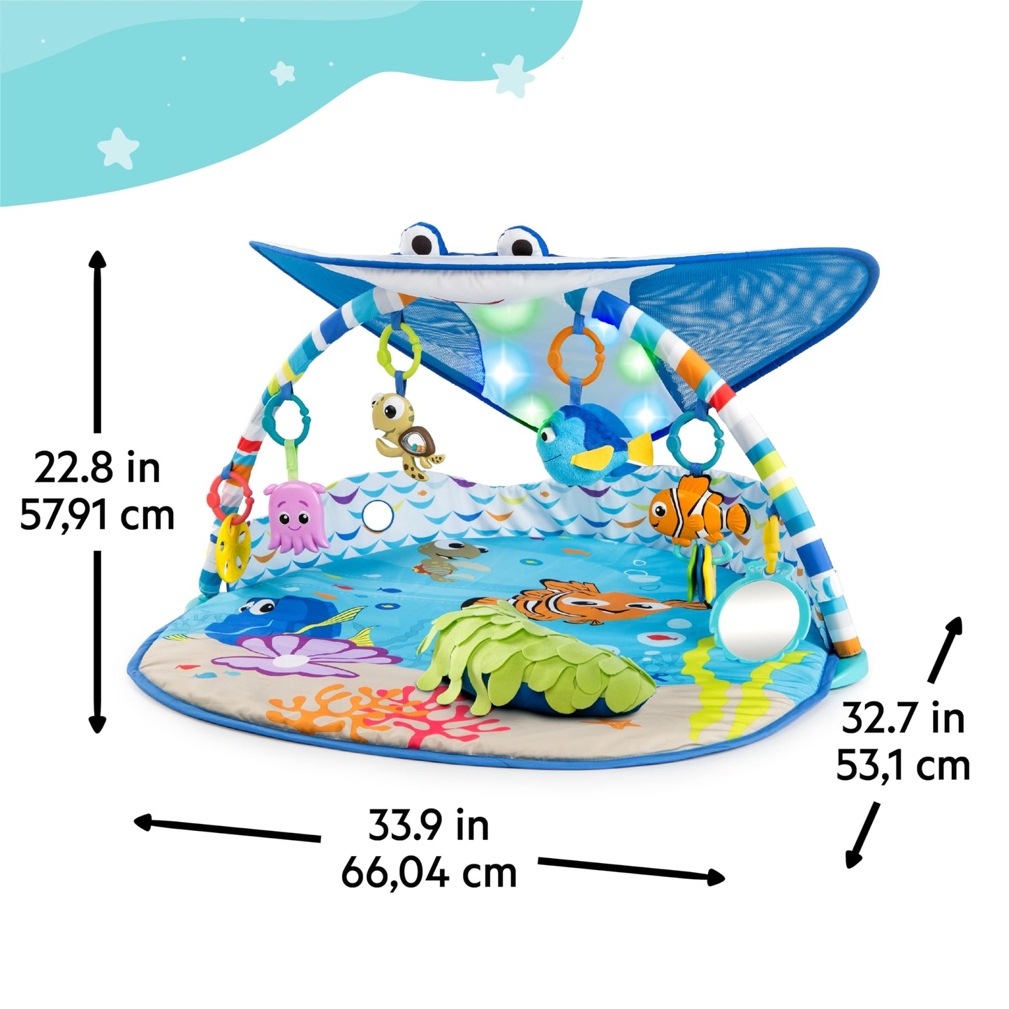 Bright Starts, Disney Baby, Finding Nemo playmat with play gym, lights, over 20 minutes of melodies, a Dory finger puppet, and more.