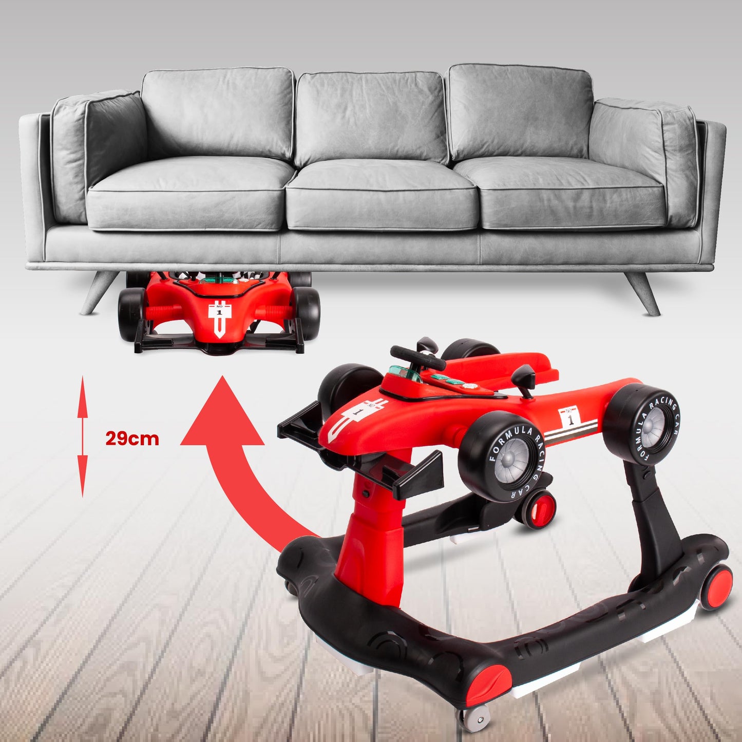 Sun Baby 3in1 Walker with adjustable height, Formula racing design, interactive features, foldable with safety stopper, buttons, lights, and sounds for babies 6 months and up (Red)
