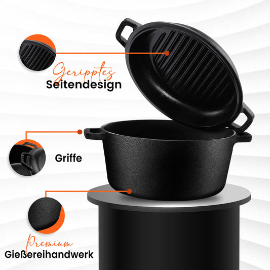 KICHLY 2 in 1 Cast Iron Pot with Dual Purpose Grill Pan Lid - Pre-Seasoned Cast Iron Dutch Oven - Baking Bread, Cooking, Frying, Stewing & Grilling - Indoor and Outdoor use.