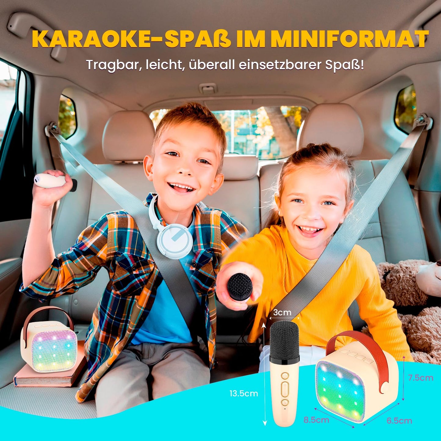 Karaoke machine with 2 wireless microphones, Wowstar Portable Bluetooth Karaoke Machine for kids and adults with voice changing effects & LED lights. Perfect for boys and girls gifts, home parties. Available in beige.